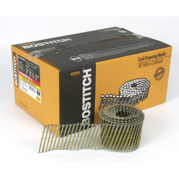 Bostitch Framing Nails, Wire Collated Coil, Thickcoat Galvanized, Round Head, 15-Degree, Screw Shank, 3-Inch X .120-Inch, 2700-Pack