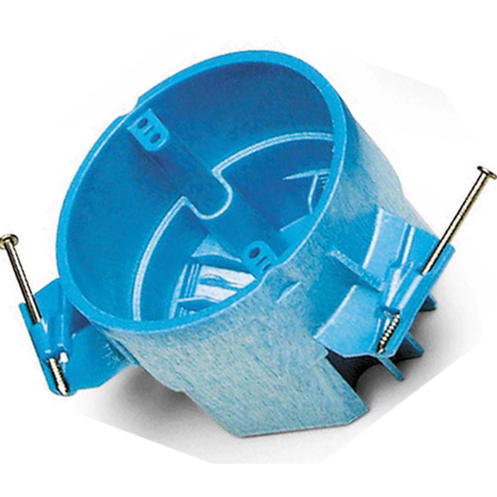ABB Round Ceiling Box, Volume 25 Cubic Inches, Diameter 4 Inches, Depth 3 Inches, Color Blue, Material PVC, Mounting Means Nails