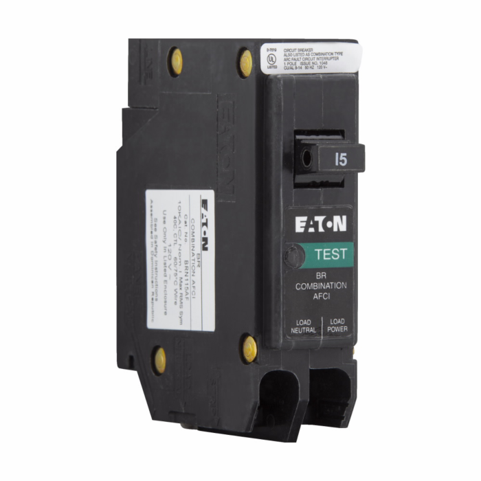 Eaton BR AFCI circuit breaker, AFCI Circuit breaker, UL only, 15 A, 10 kAIC, Single-pole, 120 V, BR, Plug-on, #14-8 AWG Cu/Al, Type BR Loadcenters