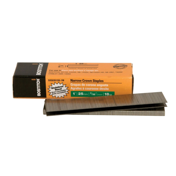 Bostitch 18-Gauge 7/32 In. X 1 In. Narrow Crown Stainless Steel Finish Staples (1,000-Pack)