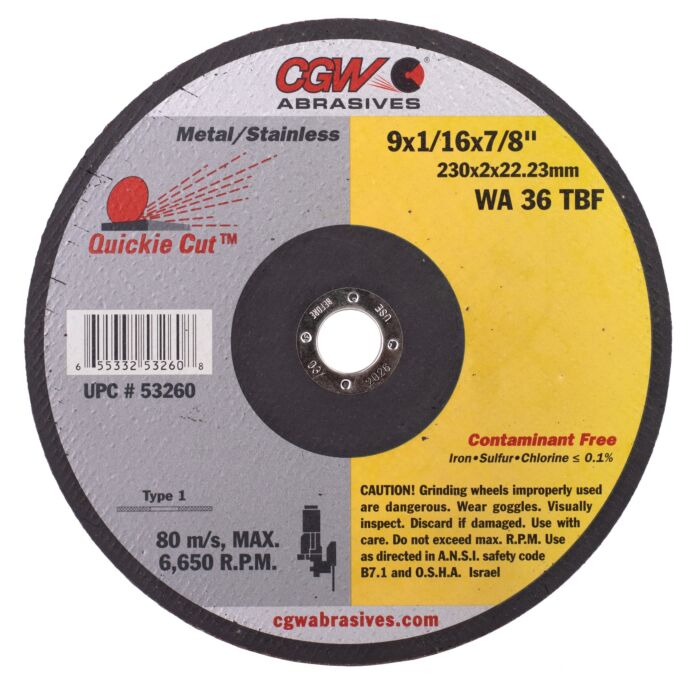 CGW Contaminant-Free Cut-Off Wheels, Type 1 and 27 - WA36-T-RIGID, Type 1 - Size 9 x .045 x 7/8