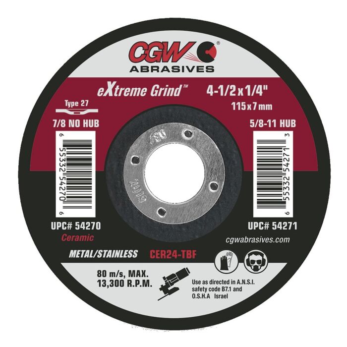 CGW CER24-TBF Type 27 7/8 in 1/4 in Grinding Wheel
