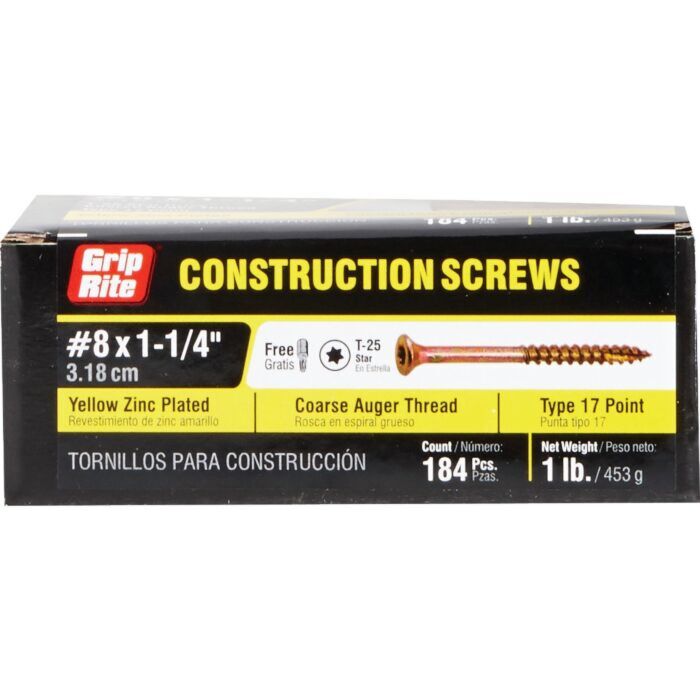 Grip-Rite #8 x 1-1/4" T-25 Star Drive, Construction Screw, Yellow Zinc (Bulk Box 1 lb.)