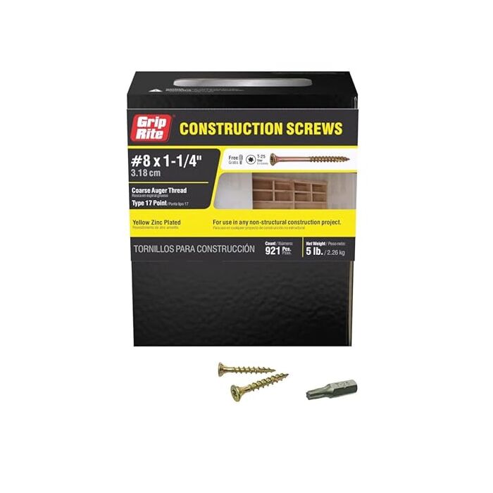 Grip-Rite #8 x 1-1/4" T-25 Star Drive, Construction Screw, Yellow Zinc (Bulk Box  5 lb)