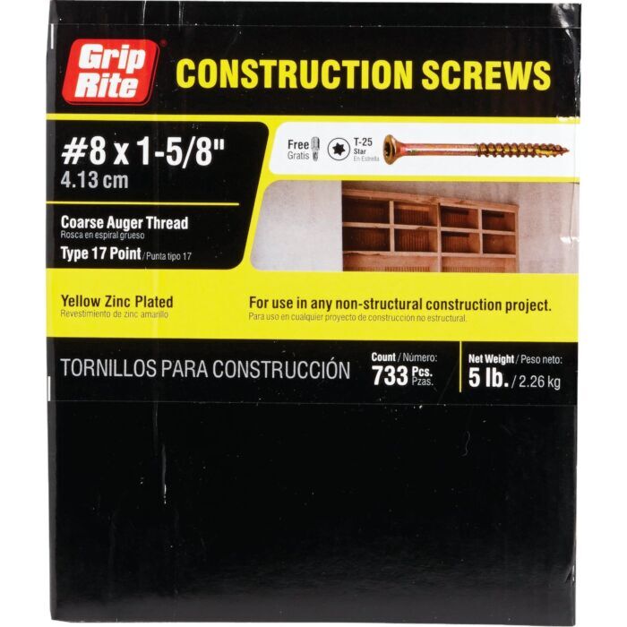 Grip-Rite #8 x 1-5/8" T-25 Star Drive, Construction Screw, Yellow Zinc (Bulk Box  5 lb)