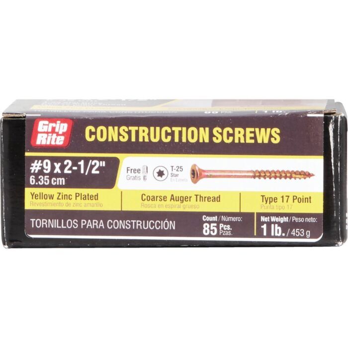 Grip-Rite #9 x 2-1/2" T-25 Star Drive, Construction Screw, Yellow Zinc (Bulk Box  1 lb)