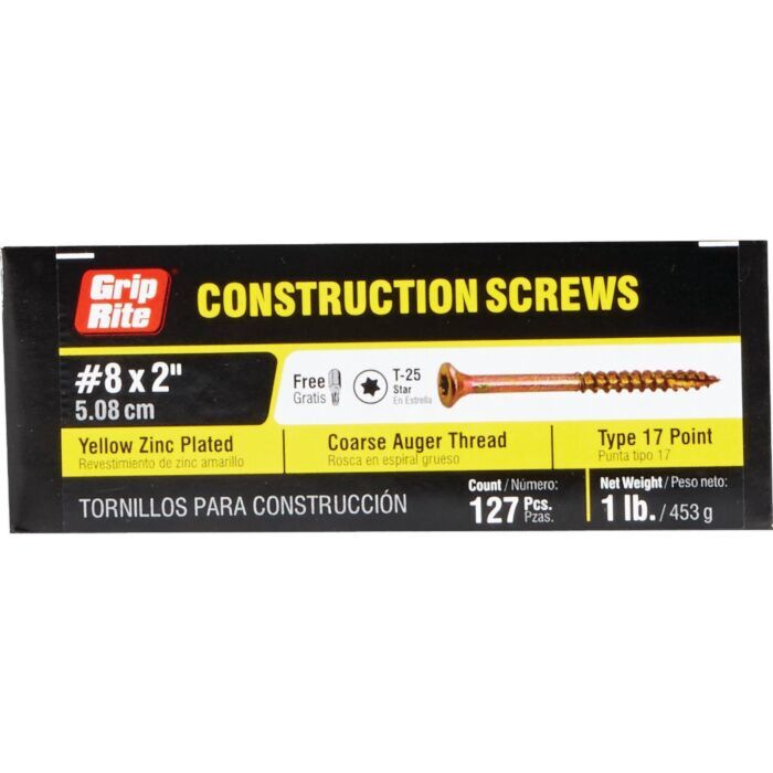 Grip-Rite #8 x 2" T-25 Star Drive, Construction Screw, Yellow Zinc (Bulk Box  1 lb)