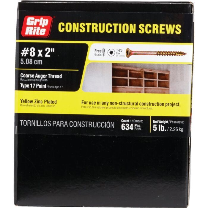 Grip-Rite #8 x 2" T-25 Star Drive, Construction Screw, Yellow Zinc (Bulk Box  5 lb)