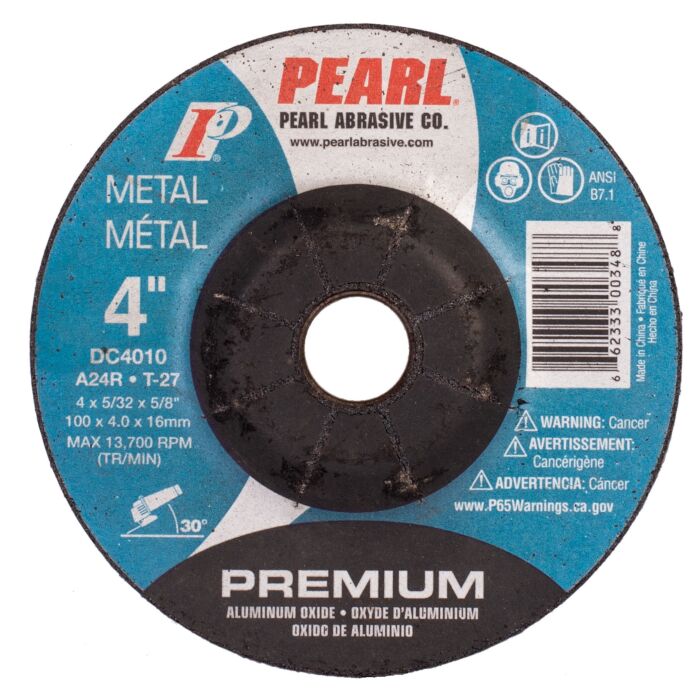Pearl Abrasives Premium Aluminum Oxide Depressed Center Grinding Wheel 4 x 5/32 x 5/8 A24R T-27 DC4010