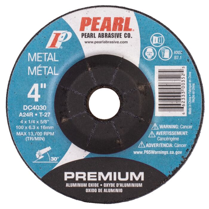Pearl Abrasives Premium Aluminum Oxide Depressed Center Grinding Wheel 4 x 1/4 x 5/8 A24R T-27 DC4030