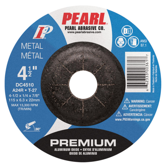 Pearl Abrasives Premium Aluminum Oxide Depressed Center Grinding Wheel 4-1/2 x 1/4 x 7/8 A24R T-27 DC4510