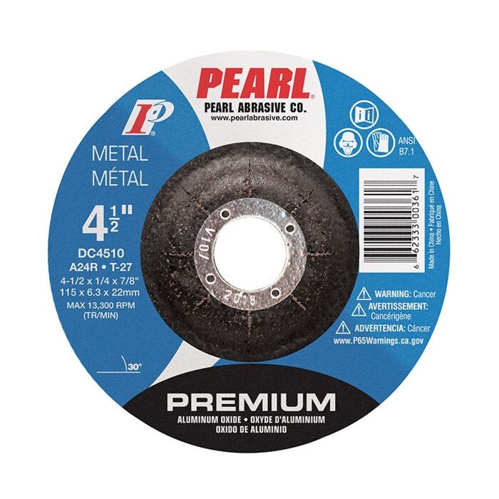 Pearl Abrasives Premium Aluminum Oxide Depressed Center Grinding Wheel 4-1/2 x 1/4 x 7/8 A24R T-27 DC4510
