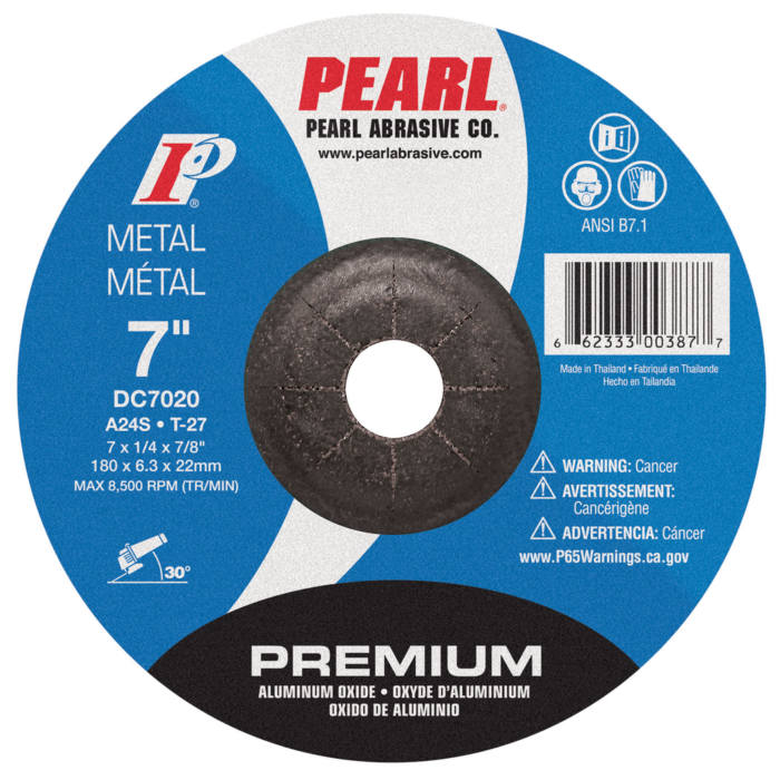 Pearl Abrasives Premium Aluminum Oxide Depressed Center Grinding Wheel 7 x 1/4 x 7/8 A24S T-27 DC7020