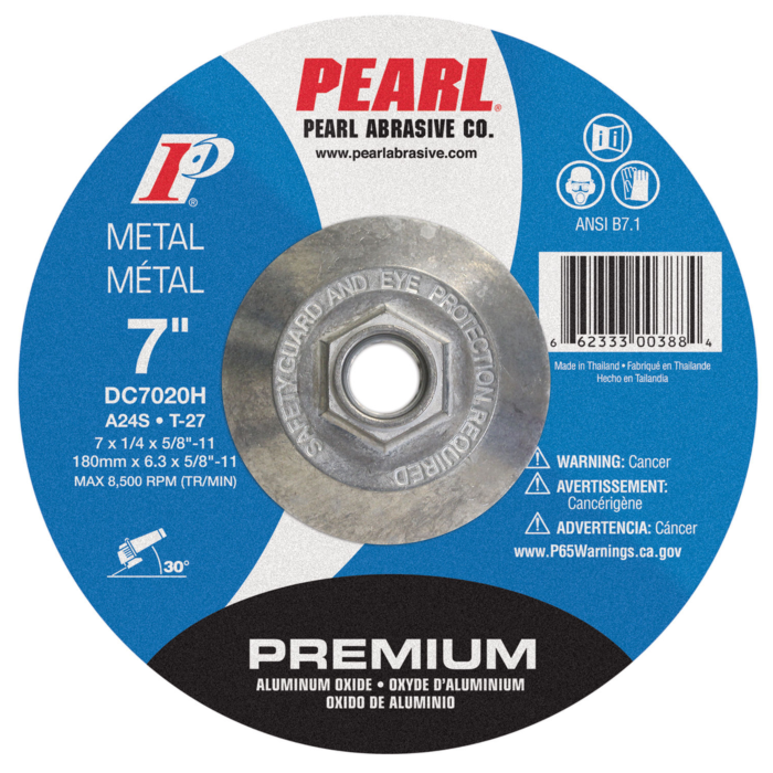 Pearl Abrasives Premium Aluminum Oxide Depressed Center Grinding Wheel 7 x 1/4 x 5/8-11 A24S T-27 DC7020H