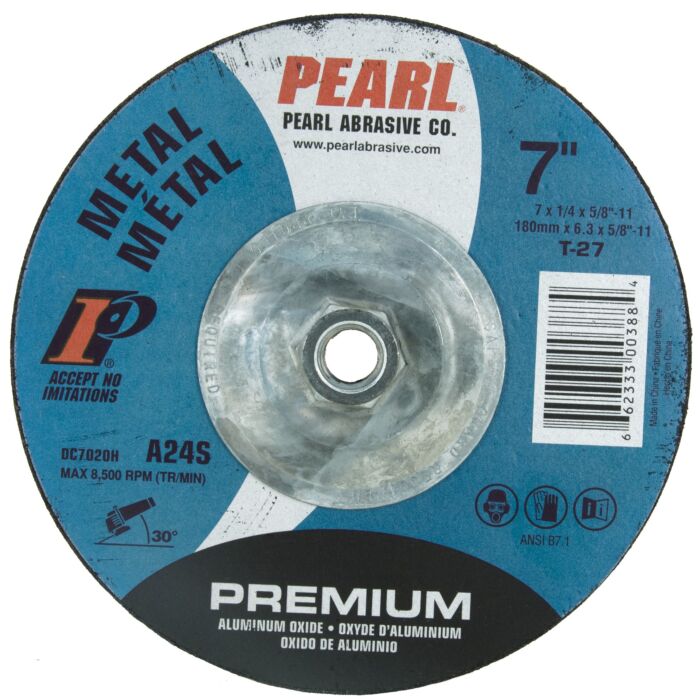 Pearl Abrasives Premium Aluminum Oxide Depressed Center Grinding Wheel 7 x 1/4 x 5/8-11 A24S T-27 DC7020H