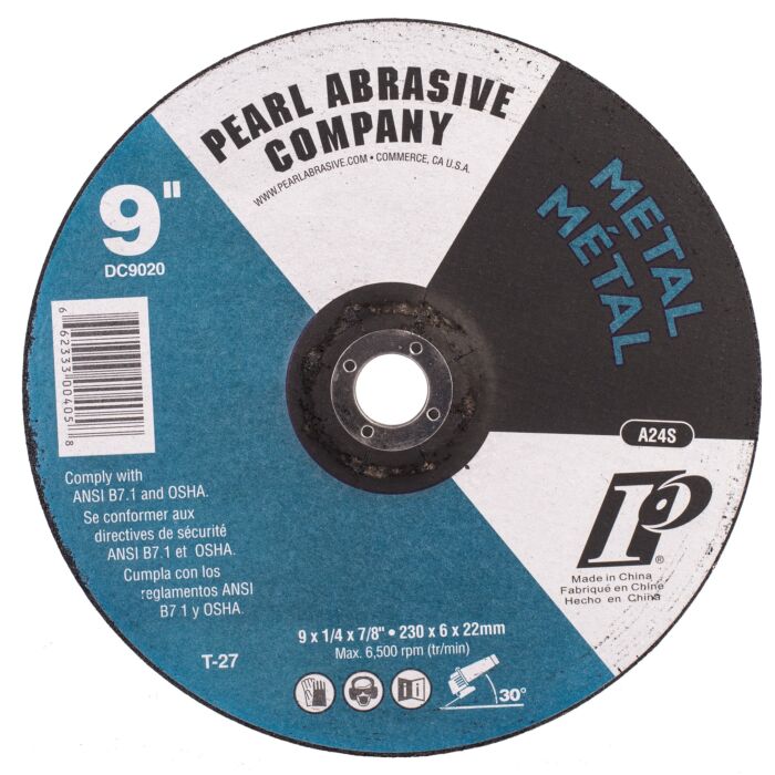 Pearl Abrasives Premium Aluminum Oxide Depressed Center Grinding Wheel 9 x 1/4 x 7/8 A24S T-27 DC9020