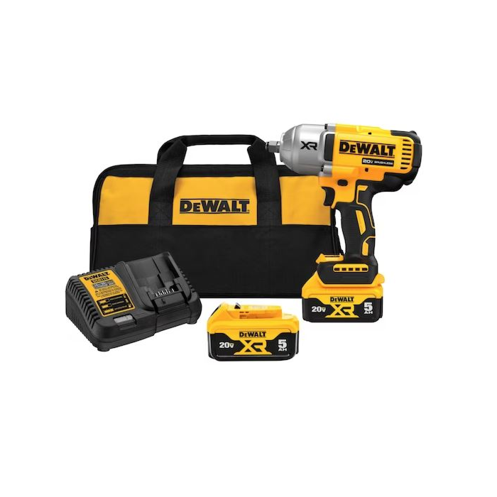 DEWALT 20V MAX* XR 1/2 In. High Torque Impact Wrench with Hog Ring Anvil Kit with (2) 5.0 Ah Batteries & Charger Kit