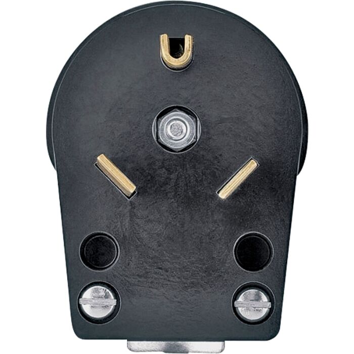 Crouse-Hinds Eaton Arrow Hart extra heavy-duty angled plug, #12-10 AWG, 30A, 125V, Back wire, Black, Brass, Urea, TT-30P, Two-pole, Three-wire, Screw, Thermoplastic, Box packaging