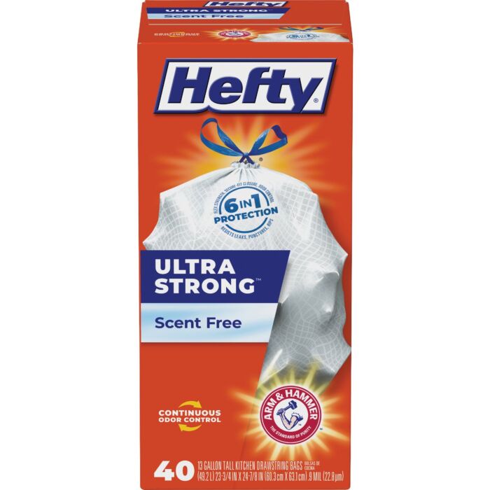 Hefty Ultra-Strong Scent-Free Drawstring Trash Bag (White - 40pk) 13 gal