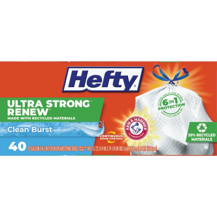 Hefty Ultra-Strong Renew Clean Burst Drawstring Trash Bag (White - 40pk) 13 gal