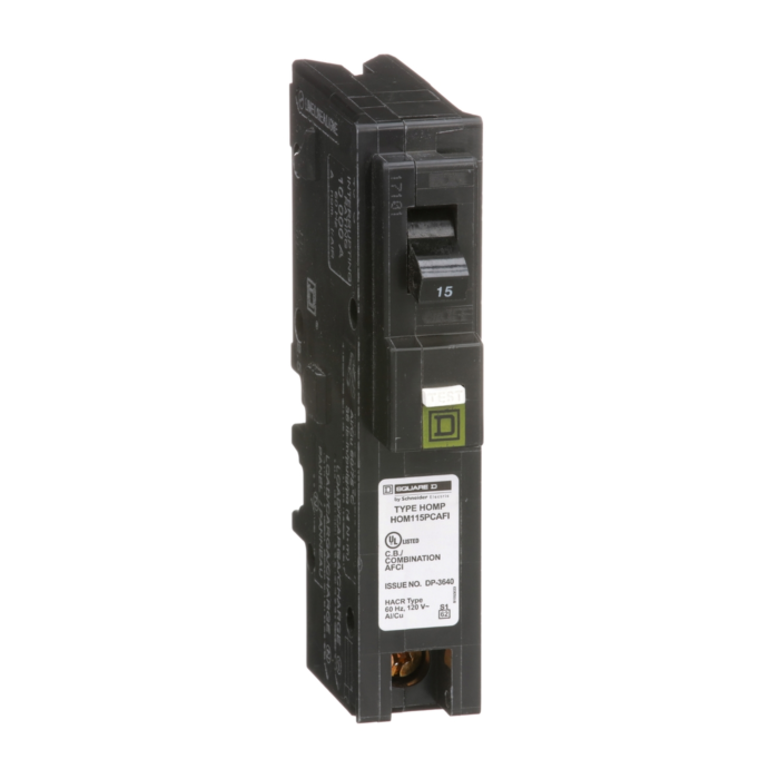 Square D Mini circuit breaker, Homeline, 15A, 1 pole, 120VAC, 10kA AIR, combo arc fault, plug on neutral, plug in, UL [TAA]