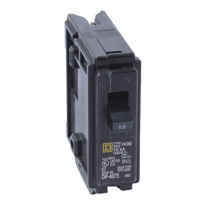 Square D Mini circuit breaker, Homeline, 15A, 1 pole, 120/240VAC, 10kA AIR, standard type, plug in, UL