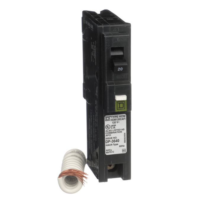 Square D Mini circuit breaker, Homeline, 20A, 1 pole, 120VAC, 10kA AIR, combo arc fault, pigtail neutral, plug in, UL [TAA]