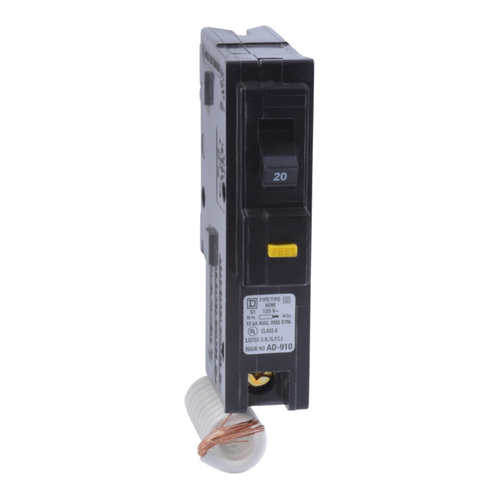 Square D Mini circuit breaker, Homeline, 20A, 1 pole, 120VAC, 10kA AIR, ground fault class A, plug in, UL [TAA]