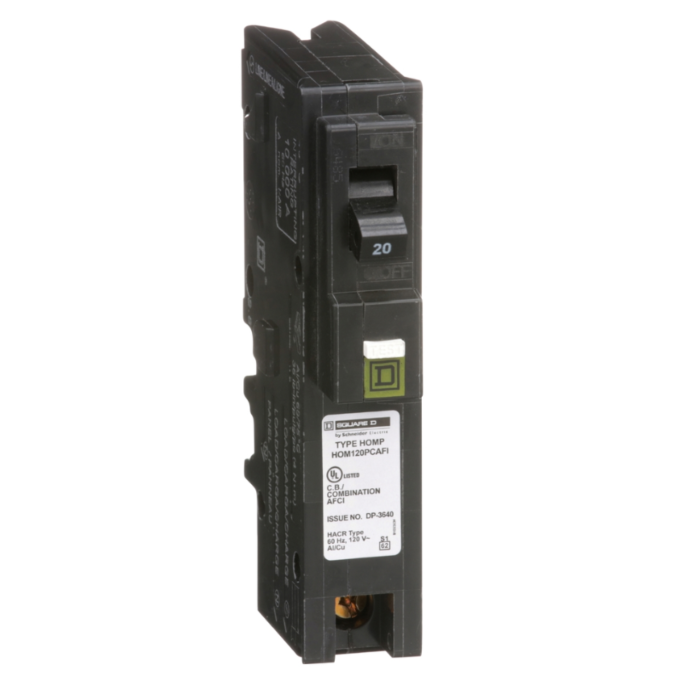 Square D Mini circuit breaker, Homeline, 20A, 1 pole, 120VAC, 10kA AIR, combo arc fault, plug on neutral, plug in, UL [TAA]