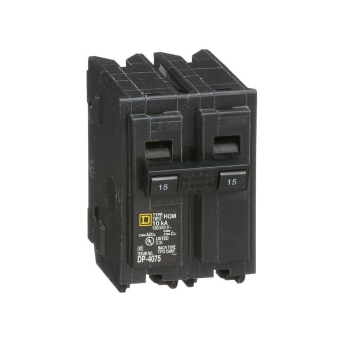 Square D Mini circuit breaker, Homeline, 15A, 2 pole, 120/240VAC, 10kA AIR, standard type, plug in, UL