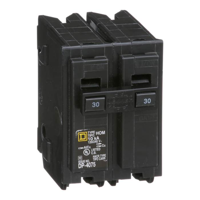Square D Mini circuit breaker, Homeline, 30A, 2 pole, 120/240VAC, 10kA AIR, standard type, plug in, UL