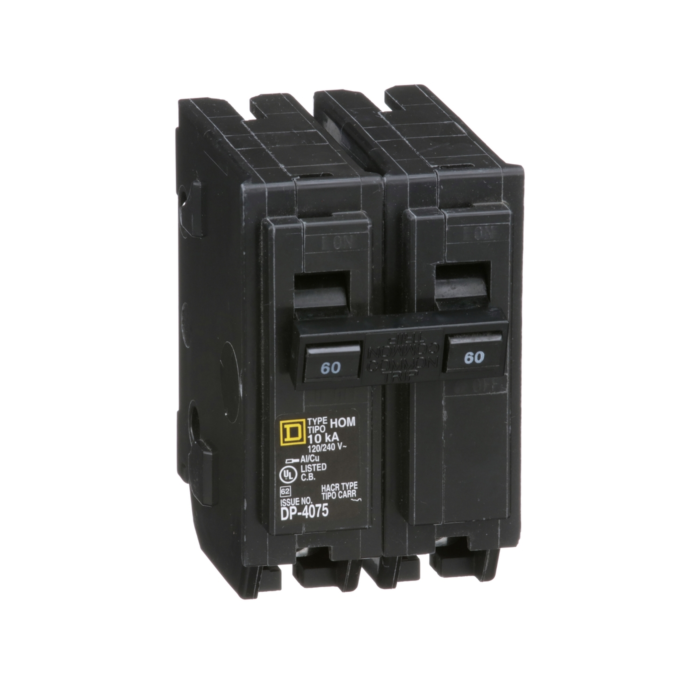 Square D Mini circuit breaker, Homeline, 60A, 2 pole, 120/240VAC, 10kA AIR, standard type, plug in, UL
