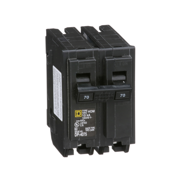 Square D Mini circuit breaker, Homeline, 70A, 2 pole, 120/240VAC, 10kA AIR, standard type, plug in, UL