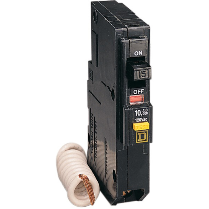 Square D Mini circuit breaker, QO, 15A, 1 pole, 120VAC, 10kA, plug in, 6mA grd fault A, pigtail, consumer pack [TAA]