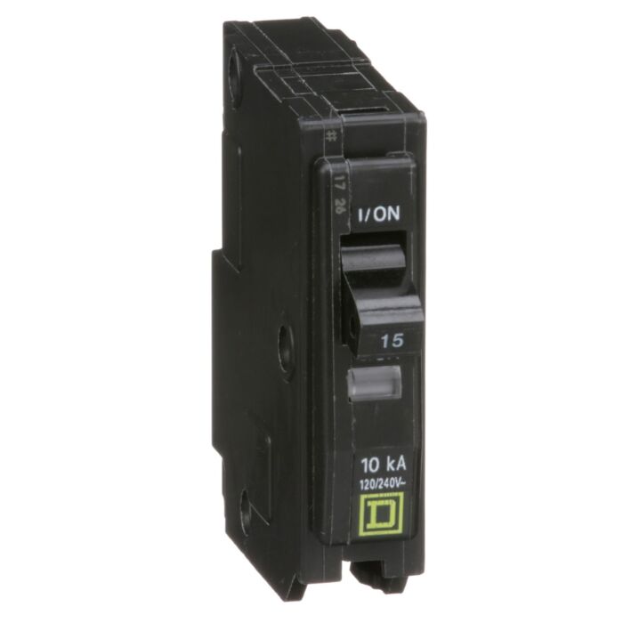 Square D Mini circuit breaker, QO, 15A, 1 pole, 120/240VAC, 10kA, plug in, consumer pack
