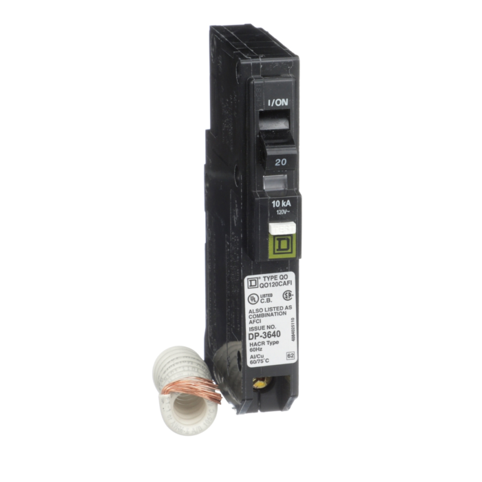 Square D Mini circuit breaker, QO, 20A, 1 pole, 120VAC, 10kA, plug in, combo ARC fault, pigtail, clam [TAA]