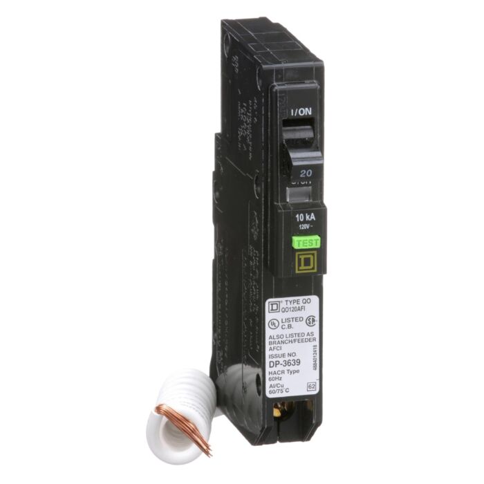 Square D Mini circuit breaker, QO, 20A, 1 pole, 120VAC, 10kA, plug in, combo ARC fault, pigtail, clam [TAA]