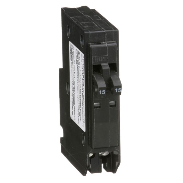 Square D Tandem mini circuit breaker, QO, 2 x 1 pole at 15A, 120/240VAC, 10kA, plug in, consumer pack