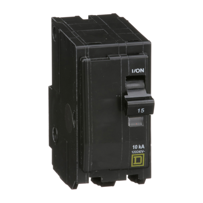 Square D Mini circuit breaker, QO, 15A, 2 pole, 120/240VAC, 10kA, plug in, consumer pack