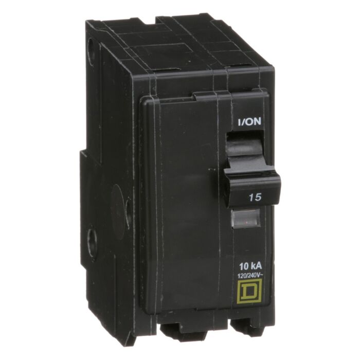 Square D Mini circuit breaker, QO, 15A, 2 pole, 120/240VAC, 10kA, plug in, consumer pack