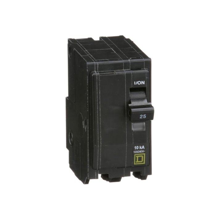 Square D Mini circuit breaker, QO, 25A, 2 pole, 120/240VAC, 10kA, plug in, consumer pack