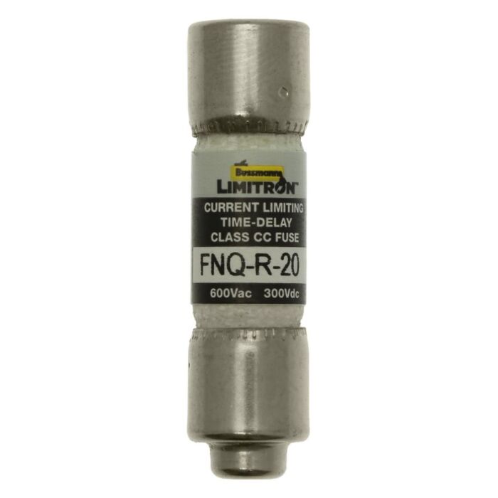 Bussmann Eaton Bussmann series FNQ-R fuse, Current-limiting time-delay fuse, 20 A, CC, Non-indicating, Ferrule end x ferrule end, 12 sec at 200%, 20 kAIC at 300 Vdc,200 kAIC at 600 V, Melamine tube, 600 V, 300 Vdc