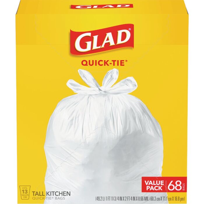 Glad Quick-Tie Tall Kitchen Trash Bags (White - 68pk) 13 gal