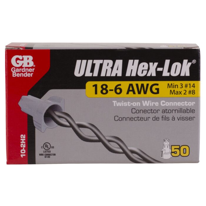 Gardner Bender Hex-Lok ULTRA, Hex Head Multi-Range Winged Twist-On Wire Connectors with Over-Torque Protection, Gray, #14-#6 AWG; 50/Crtn