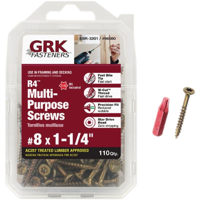 GRK Fasteners #8 x 1-1/4" T-25 Star Drive, Multi-Purpose Screw, Climatek Coating (Bulk Box 110 pc)
