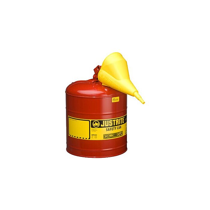 Justrite 5 Gallon Steel Safety Can for Flammables, Type I, Funnel, Flame Arrester, Red - 7150110