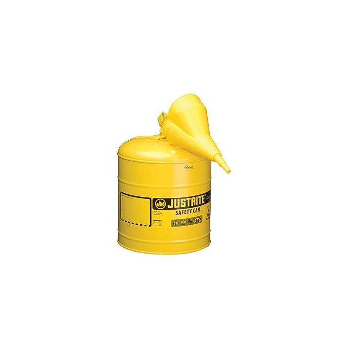 Justrite 5 Gallon Steel Safety Can for Diesel, Type I, Funnel, Flame Arrester, Yellow - 7150210
