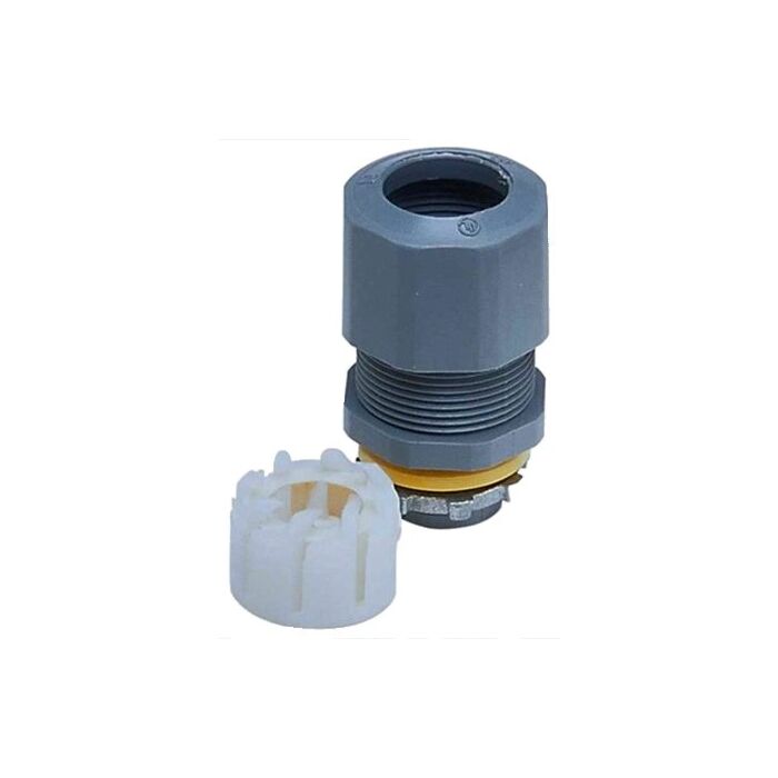 Arlington Industries Low-profile non-metallic, liquid-tight, oil-tight, and strain relief cord connector furnished with a sealing ring and locknut. Supports .100 to .300 cord range. Includes assembled LPCG50 UF grommet 14/2 to 12/2 and cord grommet .100 t