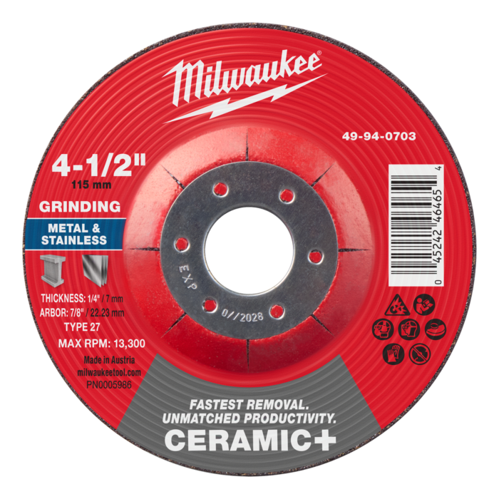 Milwaukee Type 27 Ceramic+ Metal Grinding Wheel - 4-1/2 in. x 1/4 in. x 7/8 in.