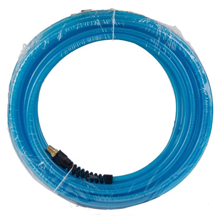 Flexeel Hose, 1/4" x 50', 1/4" MPT Reusable Strain Relief Fittings, Transparent Blue